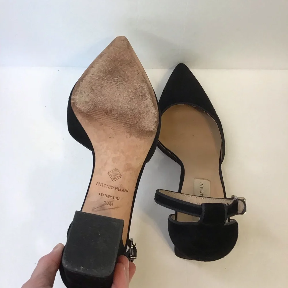 ANTONIO MELANI Women's Black Suede Ankle Strap Chunky Heels 10